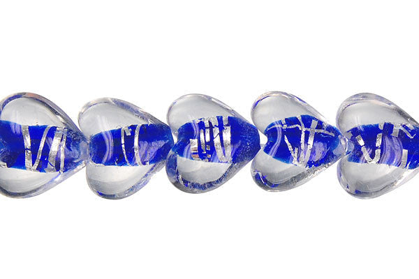 Lampwork Foil Glass Specialty Shape Beads - Lines Foil Glass Heart - Sapphire - 13x15mm 12-inch - unbranded beads for jewelry making