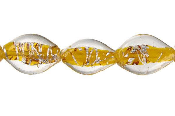Lampwork Foil Glass Specialty Shape Beads - Lines Foil Glass Flat Oval - Yellow - 14x20mm 16-inch - unbranded beads for jewelry making