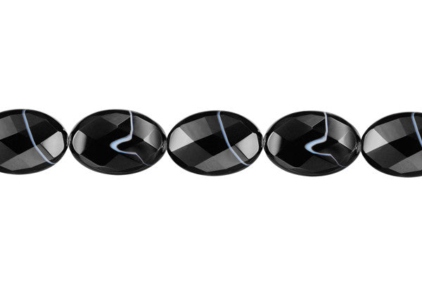 Sardonyx Beads - (Black Faceted Flat Oval Beads - 13x18mm - 16-inch - unbranded beads for jewelry making