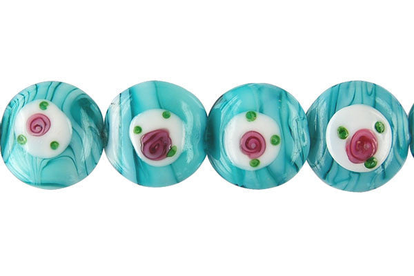 Lampwork Foil Glass Button Beads - Button - A1 Aqua - 20x20mm 8-inch - unbranded beads for jewelry making