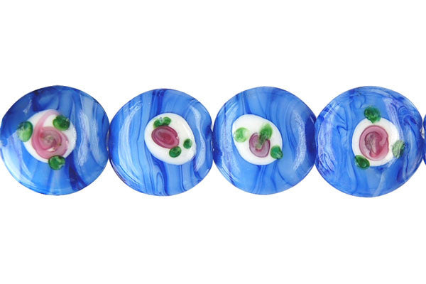 Lampwork Foil Glass Button Beads - Button - A5 Blue - 20x20mm 8-inch - unbranded beads for jewelry making