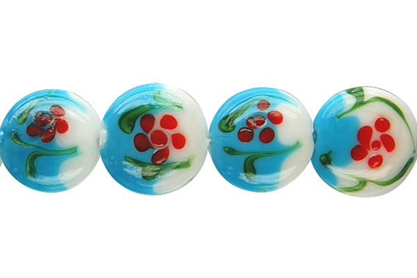 Lampwork Foil Glass Button Beads - Button - B1 Aqua and White - 20x20mm 8-inch - unbranded beads for jewelry making