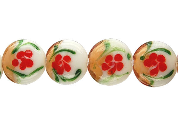 Lampwork Foil Glass Button Beads - Button - B3 Orange and White - 20x20mm 8-inch - unbranded beads for jewelry making