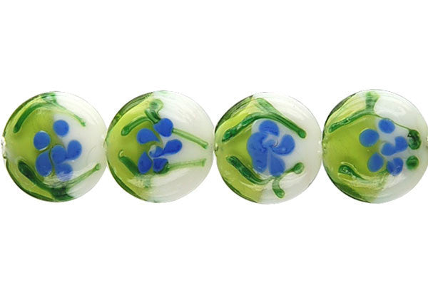 Lampwork Foil Glass Button Beads - Button - B4 Green and White - 20x20mm 8-inch - unbranded beads for jewelry making