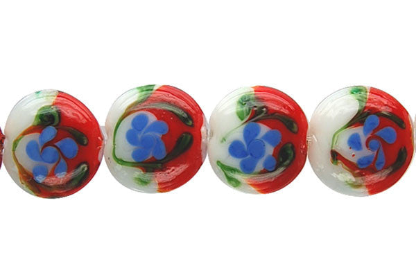 Lampwork Foil Glass Button Beads - Button - B5 Red and White - 20x20mm 8-inch - unbranded beads for jewelry making