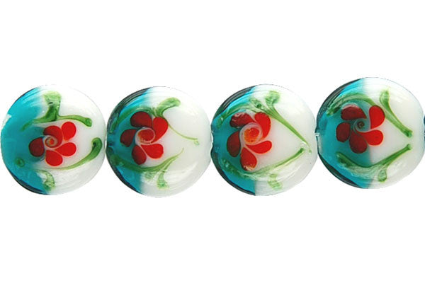 Lampwork Foil Glass Button Beads - Button - B6 Light Bule and White - 20x20mm 8-inch - unbranded beads for jewelry making
