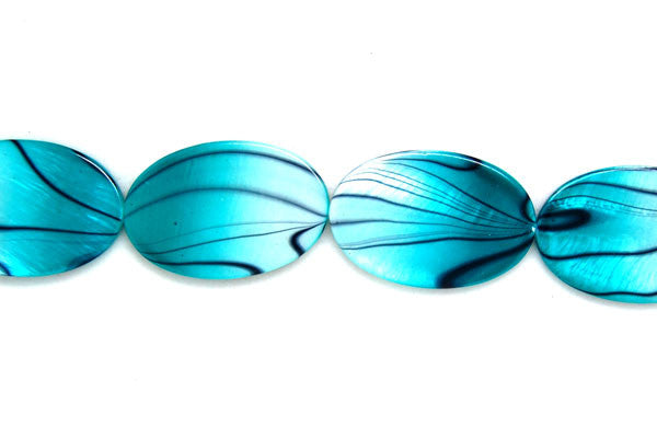 Shell MOP Beads - Shell (Spray-Paint MOP) Flat Oval (Aqua and White) - 20x30mm - 16-inch - unbranded beads for jewelry making