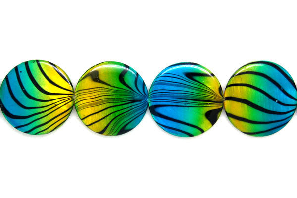 Shell MOP Beads - Shell (Spray-Paint MOP) Coin (Yellow and Aqua) - 25x25mm - 16-inch - unbranded beads for jewelry making