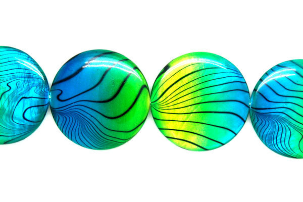Shell MOP Beads - Shell (Spray-Paint MOP) Coin (Yellow and Aqua) - 30x30mm - 16-inch - unbranded beads for jewelry making