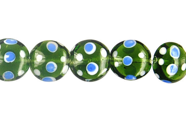 Lampwork Foil Glass Button Beads - Button - Polka-Dotted Olive - 20x20mm 8-inch - unbranded beads for jewelry making