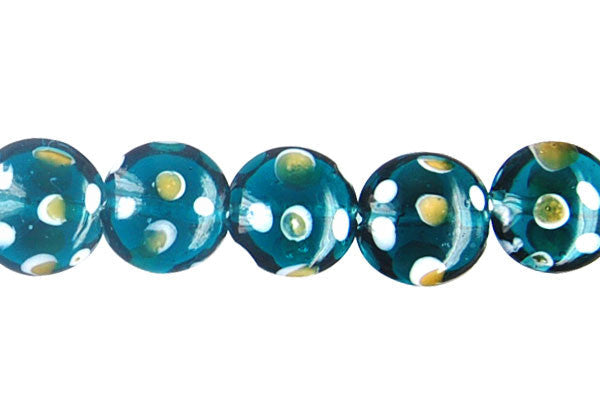 Lampwork Foil Glass Button Beads - Button - Polka-Dotted Teal - 20x20mm 8-inch - unbranded beads for jewelry making