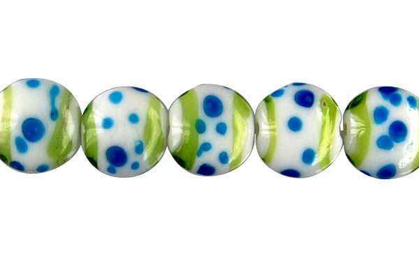 Lampwork Foil Glass Button Beads - Button - Polka-Dotted Green and Sky Blue - 20x20mm 8-inch - unbranded beads for jewelry making