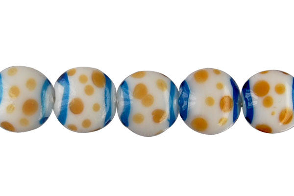 Lampwork Foil Glass Button Beads - Button - Polka-Dotted Sky Blue and Yellow - 20x20mm 8-inch - unbranded beads for jewelry making