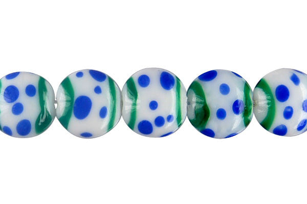 Lampwork Foil Glass Button Beads - Button - Polka-Dotted Green and Blue - 20x20mm 8-inch - unbranded beads for jewelry making