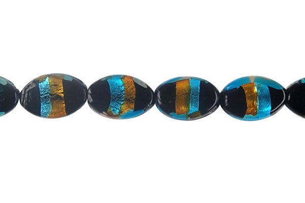 Lampwork Foil Glass Specialty Shape Beads - Flat Oval - Amber with Sky Blue - 14x21mm 8-inch - unbranded beads for jewelry making