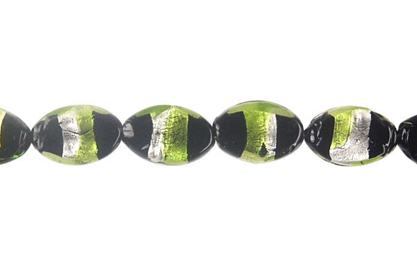 Lampwork Foil Glass Specialty Shape Beads - Flat Oval - Olive with White - 14x21mm 8-inch - unbranded beads for jewelry making