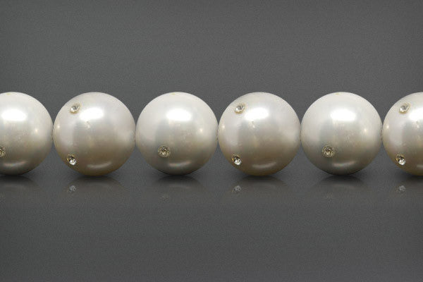 Shell MOP Beads - Shell Pearl Round White w-Clear Czechish Rhinestone - 16mm - 8-inch - unbranded beads for jewelry making