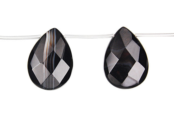 Sardonyx Beads - (Black Faceted Flat Briolette Beads - 13x18mm - 16-inch - unbranded beads for jewelry making
