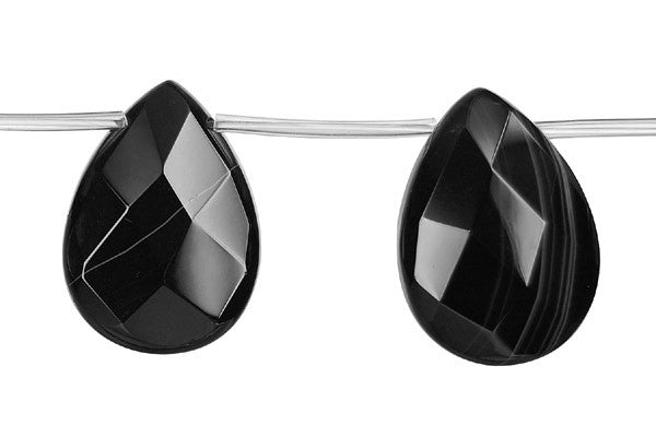 Sardonyx Beads - (Black Faceted Flat Briolette Beads - 18x25mm - 8-inch - unbranded beads for jewelry making