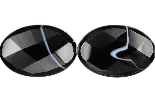 Sardonyx Beads - (Black Faceted Flat Oval Beads - 20x30mm - 16-inch - unbranded beads for jewelry making