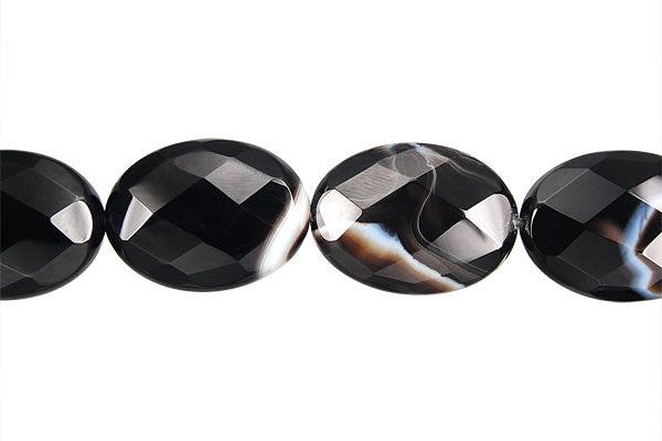 Sardonyx Beads - (Black Faceted Flat Oval Beads - 18x25mm - 16-inch - unbranded beads for jewelry making