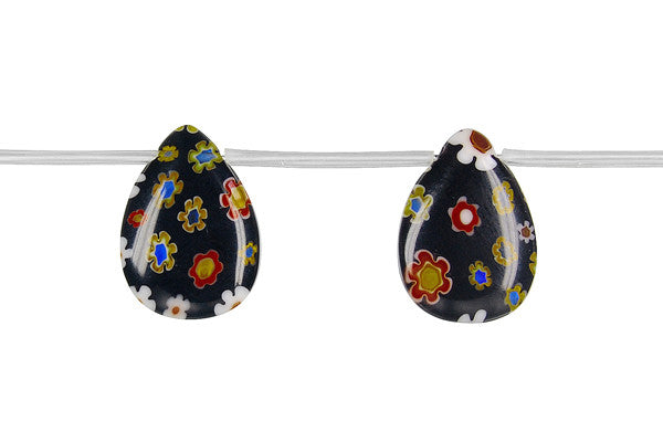 Millefiori Glass Beads - (Black Flat Briolette - 13x18mm - 16-inch - unbranded beads for jewelry making