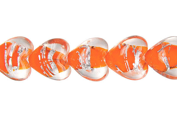 Lampwork Foil Glass Specialty Shape Beads - Lines Foil Glass Heart - Orange - 13x15mm 16-inch - unbranded beads for jewelry making