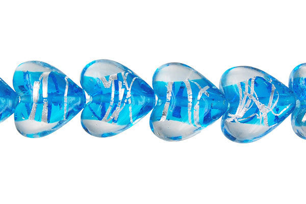 Lampwork Foil Glass Specialty Shape Beads - Lines Foil Glass Heart - Blue - 13x15mm 12-inch - unbranded beads for jewelry making