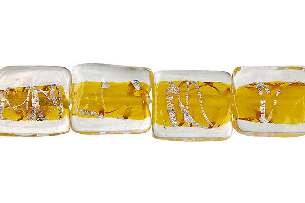 Lampwork Foil Glass Specialty Shape Beads - Lines Foil Glass Flat Rectangle - Yellow - 14x16mm 16-inch - unbranded beads for jewelry making