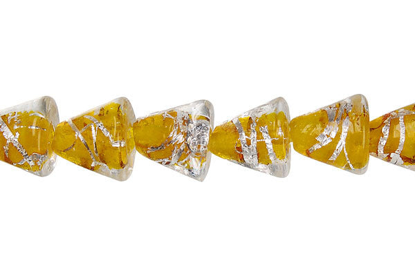 Lampwork Foil Glass Specialty Shape Beads - Lines Foil Glass Cone - Yellow - 12x12mm 16-inch - unbranded beads for jewelry making