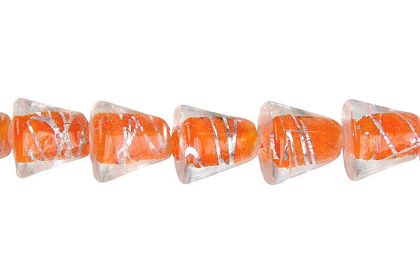 Lampwork Foil Glass Specialty Shape Beads - Lines Foil Glass Cone - Orange - 12x12mm 16-inch - unbranded beads for jewelry making