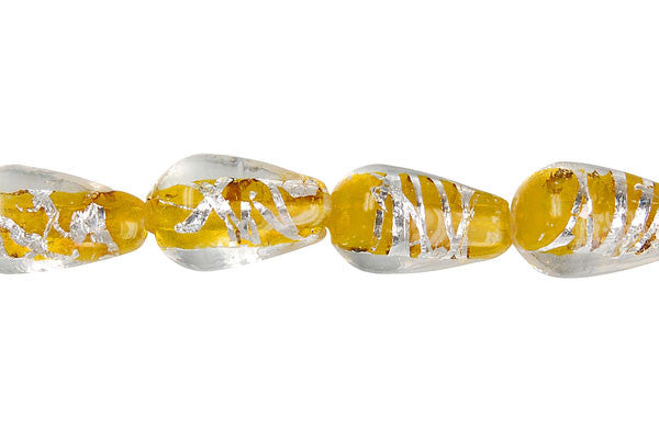 Lampwork Foil Glass Specialty Shape Beads - Lines Foil Glass Briolette - Yellow - 10x16mm 16-inch - unbranded beads for jewelry making