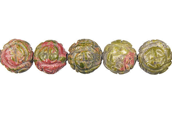 Unakite Beads - Brazil) Carved Lotus Flower (Round) - 12mm - 16-inch - unbranded beads for jewelry making