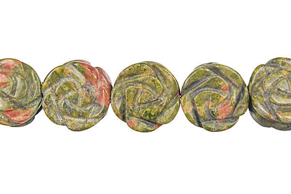 Unakite Beads - Brazil) Carved Rose (Coin) - 14x14mm - 16-inch - unbranded beads for jewelry making