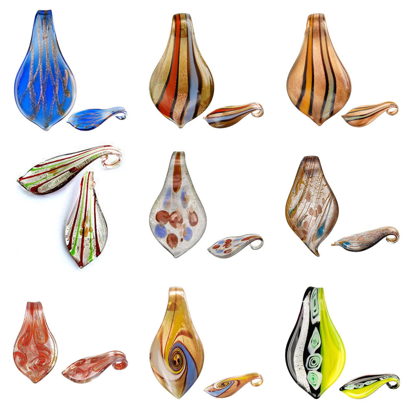 lampwork-art-glass-smooth-leaf-pendants - enlarged variation overview